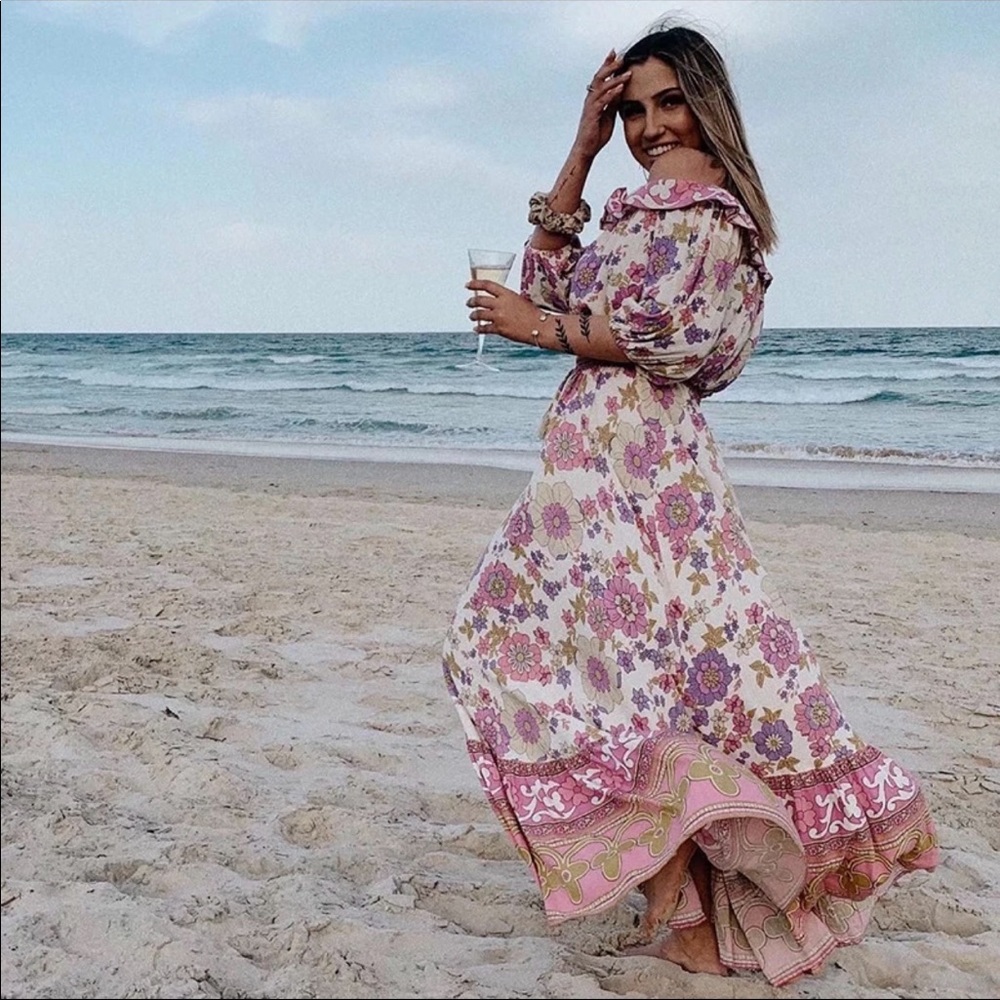 Boho Floral Gypsy Print Maxi Skirt Wild Bloom Pink - Picture 3 of 9